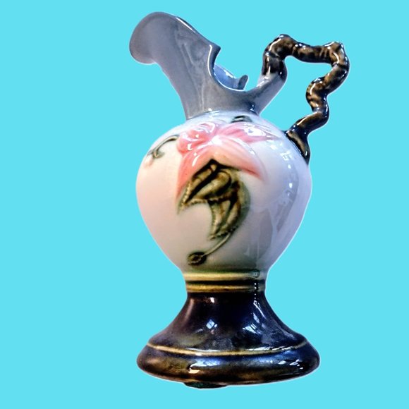 VTG HULL POTTERY 7" Pitcher Ewer Vase (W6 Woodland) Blue & Green w/Twig Handle - Picture 9 of 12